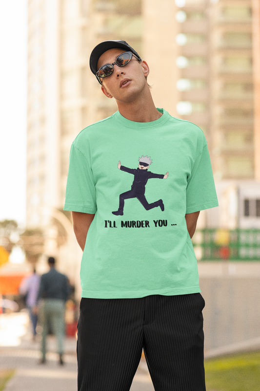 First front view of a male model wearing a mint green oversized t-shirt featuring Gojo Satoru in a silly pose with the text "I Will Murder You."