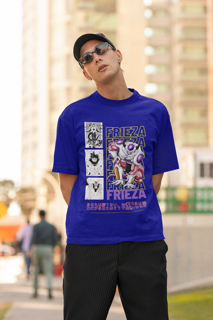 First front view of a male model wearing a royal blue oversized t-shirt featuring Frieza from Dragon Ball Z with the text "Frieza."