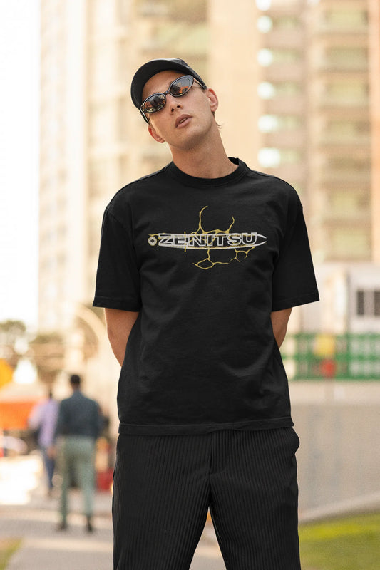 First front view of a male model wearing a black oversized t-shirt featuring Zenitsu Agatsuma with the text "High Voltage".