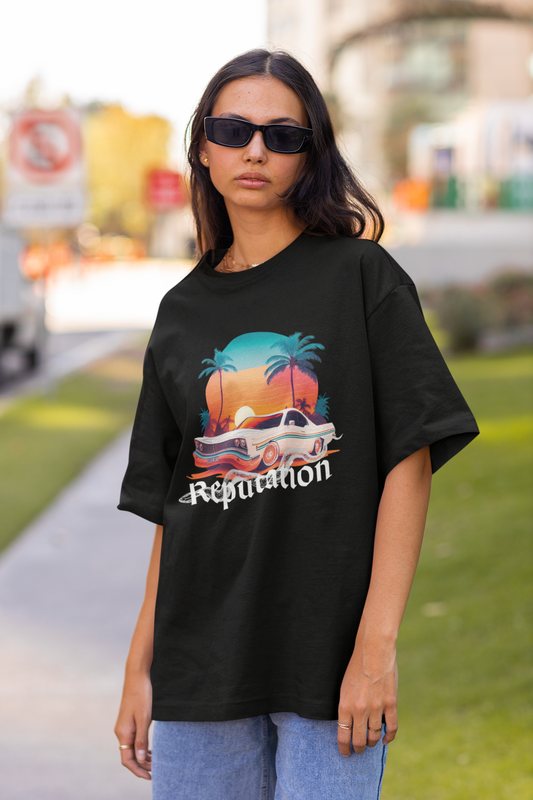 Front view of woman wearing black Oversize t-shirt featuring Reputation Taylor's Version design inspired by Taylor Swift's Reputation era
