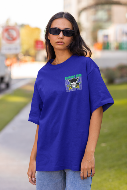 2nd front view of a female model wearing a royal blue oversized t-shirt featuring Roronoa Zoro from the One Piece anime.