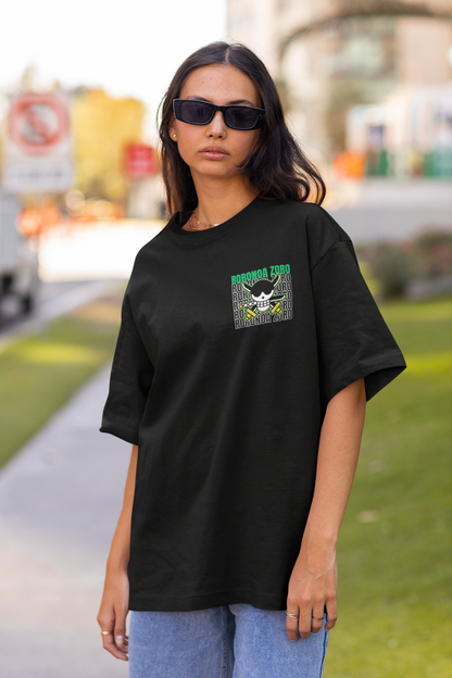 First front view of a female model wearing a black oversized t-shirt featuring Roronoa Zoro from the One Piece anime.