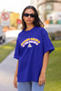 Front view of female model wearing an royal blue oversized t-shirt with the hilarious message 