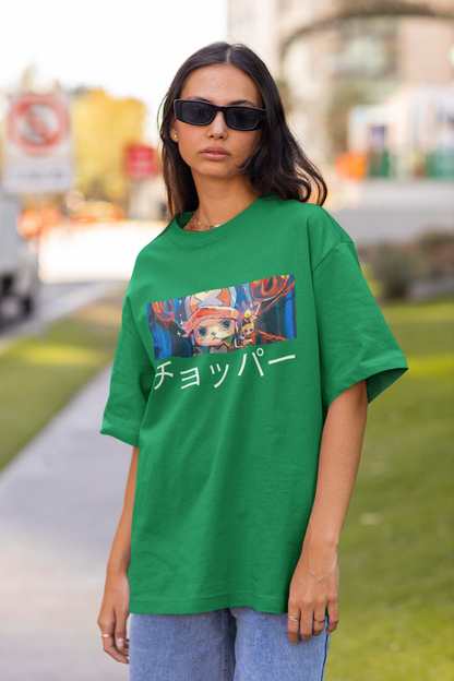 2nd front view a female model wearing a forest green oversized t-shirt featuring Tony Chopper from the One Piece anime.