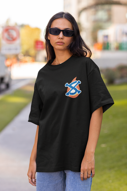 2nd front view of a female model wearing a black oversized t-shirt featuring Sabo with the text "Flame Emperor."