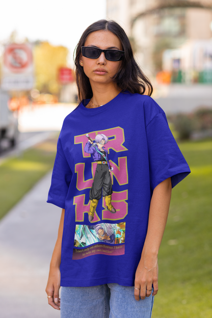 2nd front view of a female model wearing a royal blue oversized t-shirt featuring Trunks from Dragon Ball Z with the text "Trunks."