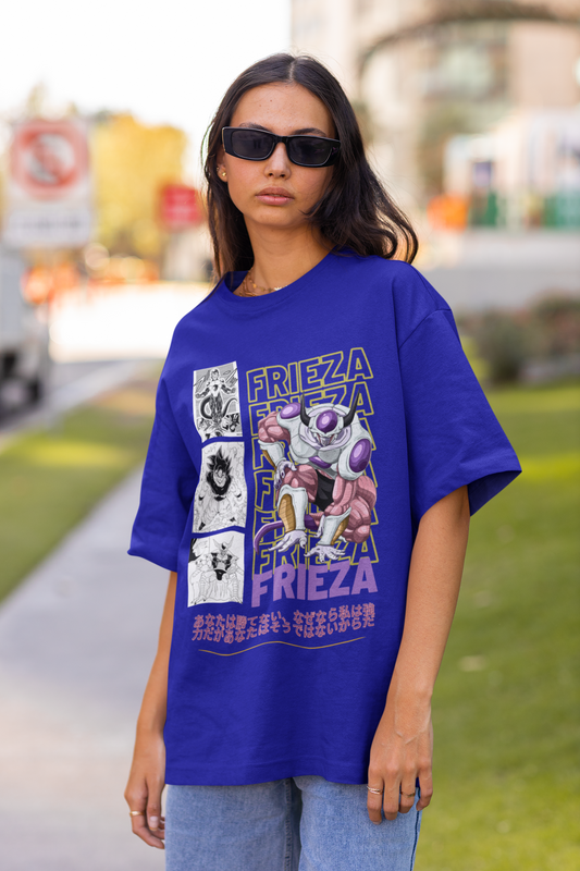 2nd front view of a female model wearing a royal blue oversized t-shirt featuring Frieza from Dragon Ball Z with the text "Frieza."