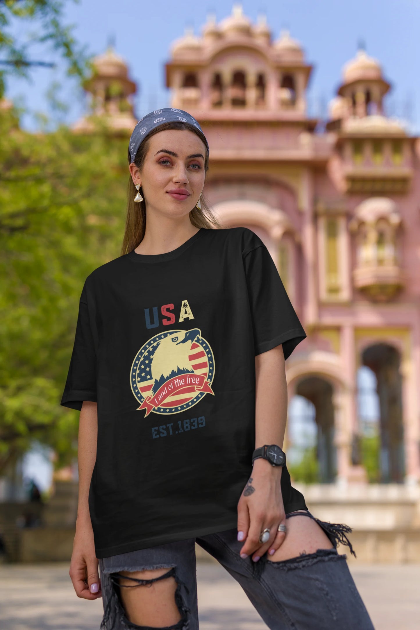 USA land of  the free | Retro Theme | Dropped Sleeve Unisex Tee