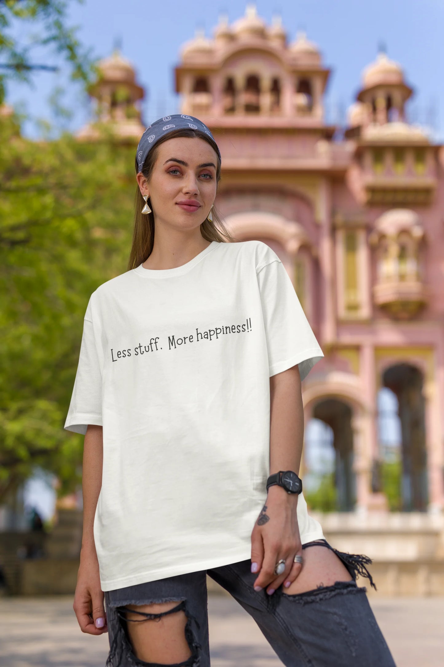 Less stuff more happiness | Minimalist | Dropped Sleeve Unisex Tee