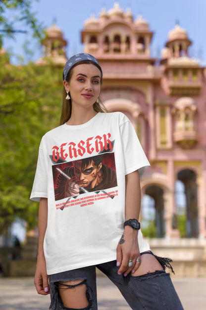 First front view of a female model wearing an off-white oversized t-shirt featuring Guts from the Berserk anime with the text "Berserk" across the design.