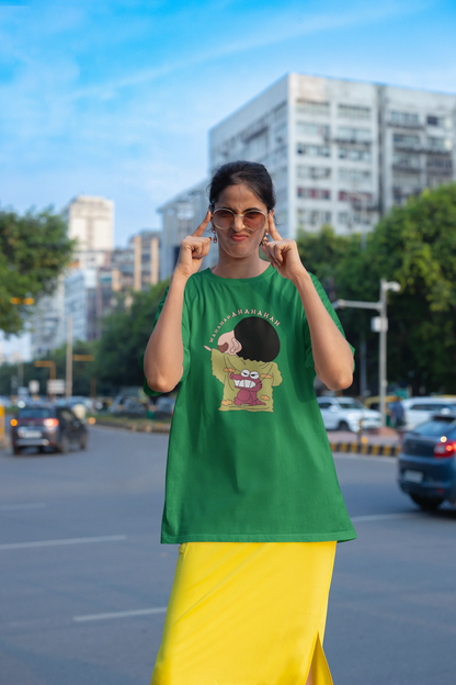 Second front view of female model wearing a forest green oversized t-shirt with a design of Shinchan laughing hysterically. Perfect for Shinchan fans who love the character's humor.