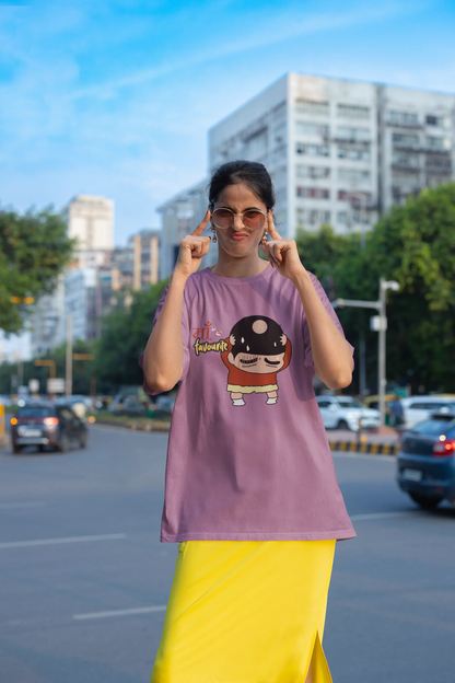 Third front view of female model wearing a dirty purple oversized tee featuring Shinchan with a classic bump on his head. A perfect blend of humor and nostalgia for Shinchan fans.