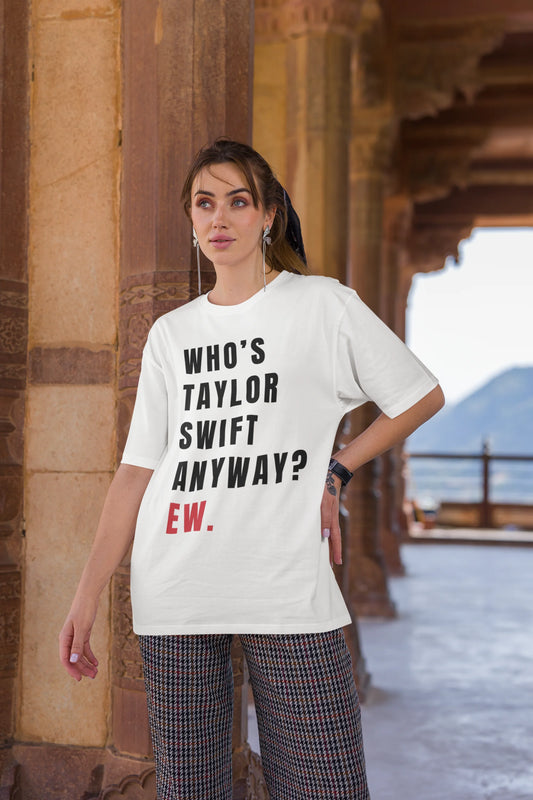 Second image of Woman wearing Taylor Swift Red-themed oversized tee, showcasing iconic eras tour merch and Taylor's Version nod