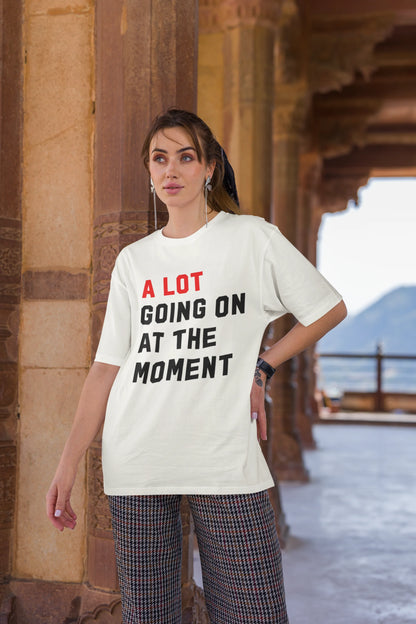 Third image of Woman wearing Taylor Swift Red-themed half sleeve tee, showcasing iconic eras tour merch and Taylor's Version nod