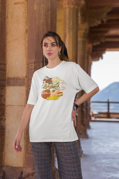 Third front view of female model wearing an off white oversized t-shirt featuring a design inspired by the Marathi dish Misal Pav. Ideal for fans of Marathi culture, foodies, and anyone who loves a flavorful meal.