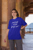 Third image of female model wearing blue oversized t-shirt with F.R.I.E.N.D.S series inspired designs, embodying Joey's famous catchphrase 'How You Doin'?