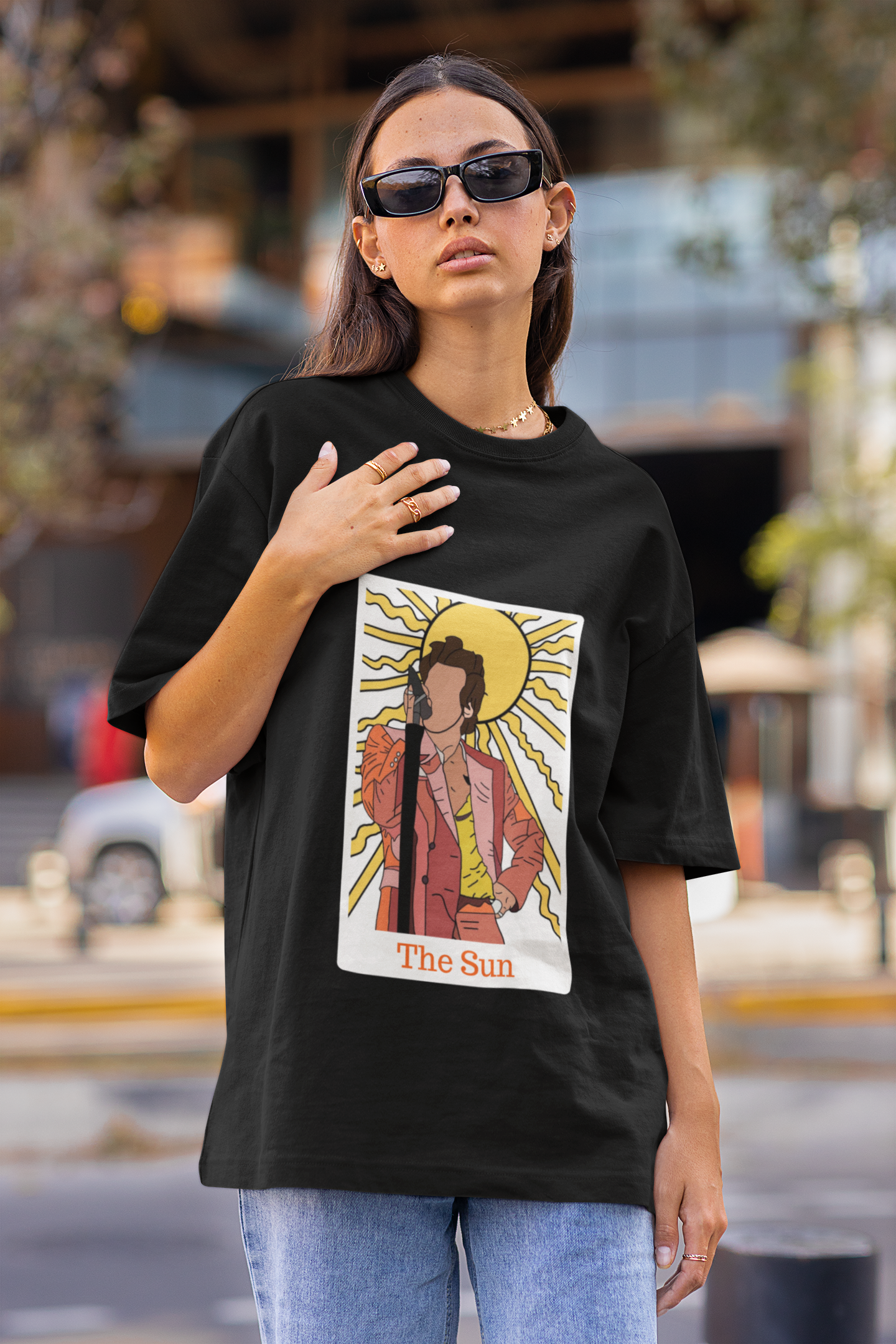 Second Image of woman wearing black Oversized t-shirt inspired by 'The Sun' - perfect for fans of Harry Styles and One Direction