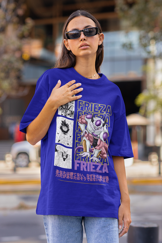 First front view of a female model wearing a royal blue oversized t-shirt featuring Frieza from Dragon Ball Z with the text "Frieza."