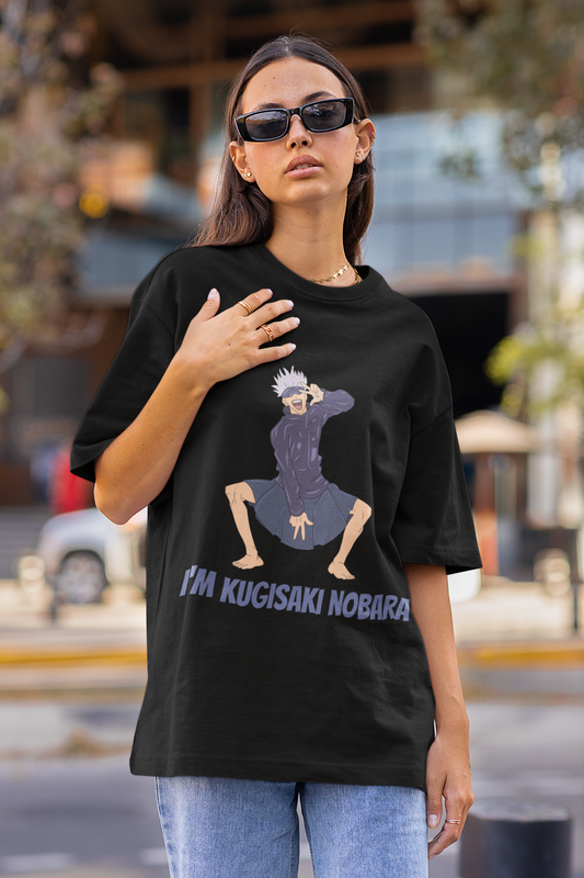 First front view of a female model wearing an black oversized t-shirt featuring Satoru Gojo dressed as Nobara Kugisaki.
