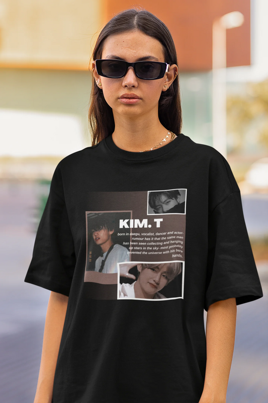 Closeup view of female model wearing a black oversized t-shirt featuring a bold design inspired by BTS member Kim Taehyung (V). Ideal for BTS fans (ARMY) and K-Pop enthusiasts.
