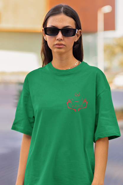 3rd front view of a female model wearing a forest green oversized t-shirt featuring Ryomen Sukuna with the text "I'm Sakuna."