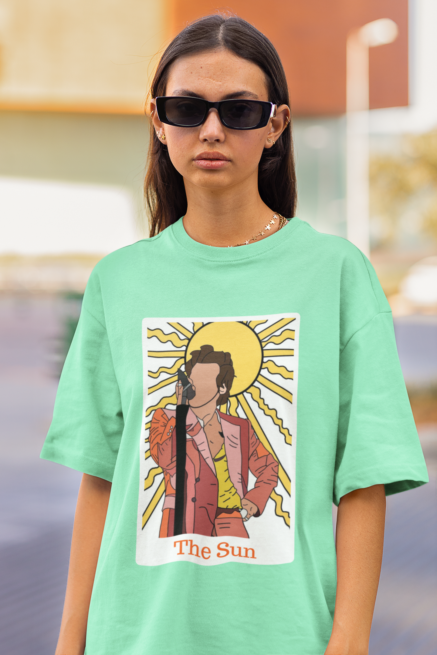Second Image of woman wearing mint green Oversized t-shirt inspired by 'The Sun' - perfect for fans of Harry Styles and One Direction
