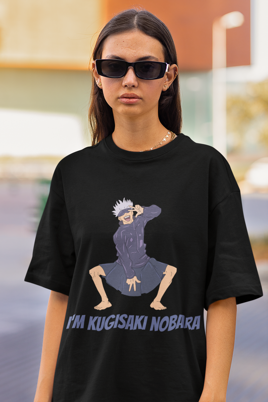 2nd front view of a female model wearing an black oversized t-shirt featuring Satoru Gojo dressed as Nobara Kugisaki.