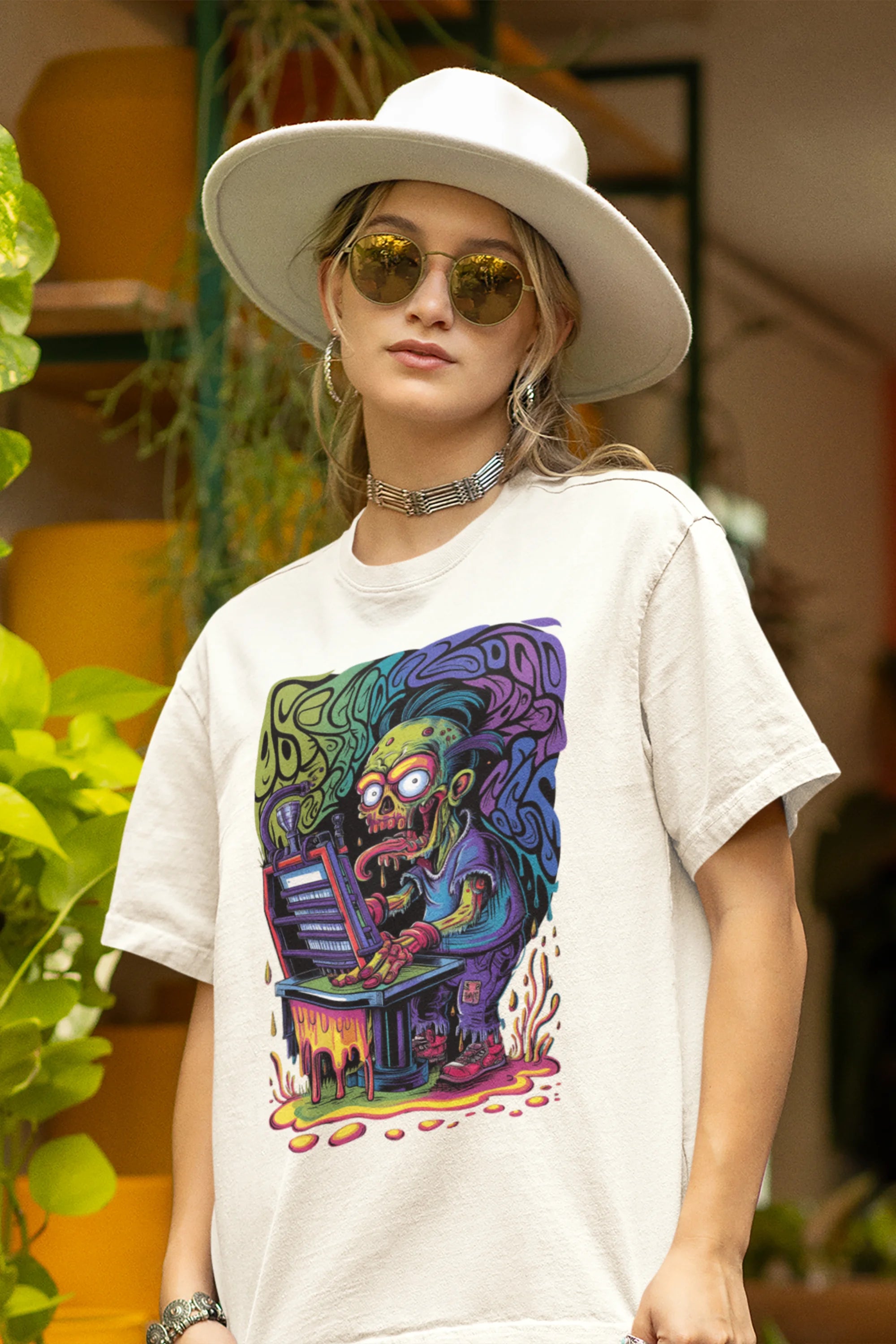 First front view of a female model wearing an off-white oversized t-shirt featuring a psychedelic melting green zombie design, perfect for a trippy, dark aesthetic.