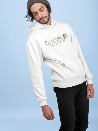 1st front view of a male model wearing an off-white hoodie with a design inspired by the "Something Just Like This" music video, featuring the word "Superheroes".
