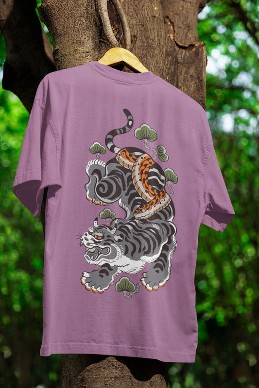 Back view of a dirty purple oversized tee with a Japanese art style tiger design.