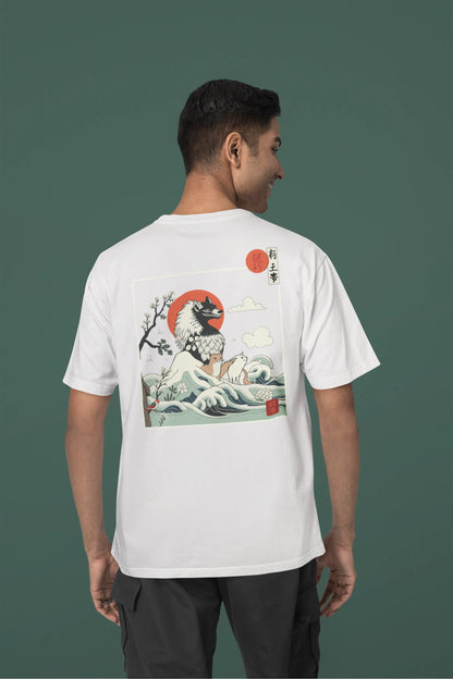 Back view of a male model wearing a off-white oversized tee with a design of a wolf surveying a Japanese landscape.
