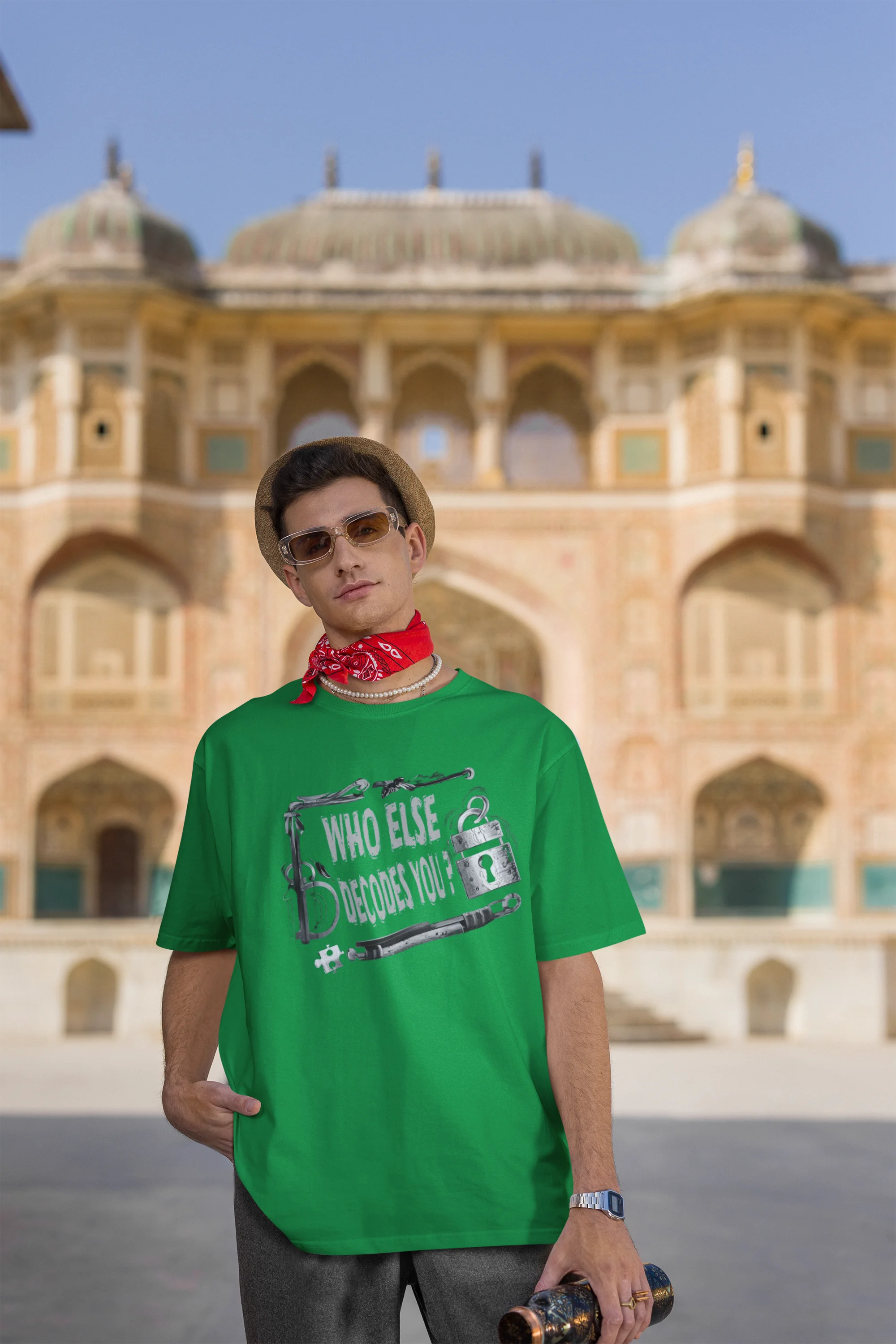 Third image of man wearing green coloured Oversized Taylor Swift T-Shirt featuring TTPD inspired design.