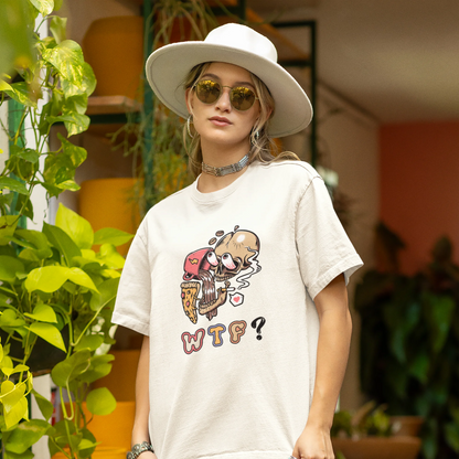 Front view of a female model wearing an off white oversized t-shirt featuring a skull enjoying coffee, pizza, and smoking, offering a unique and edgy aesthetic.
