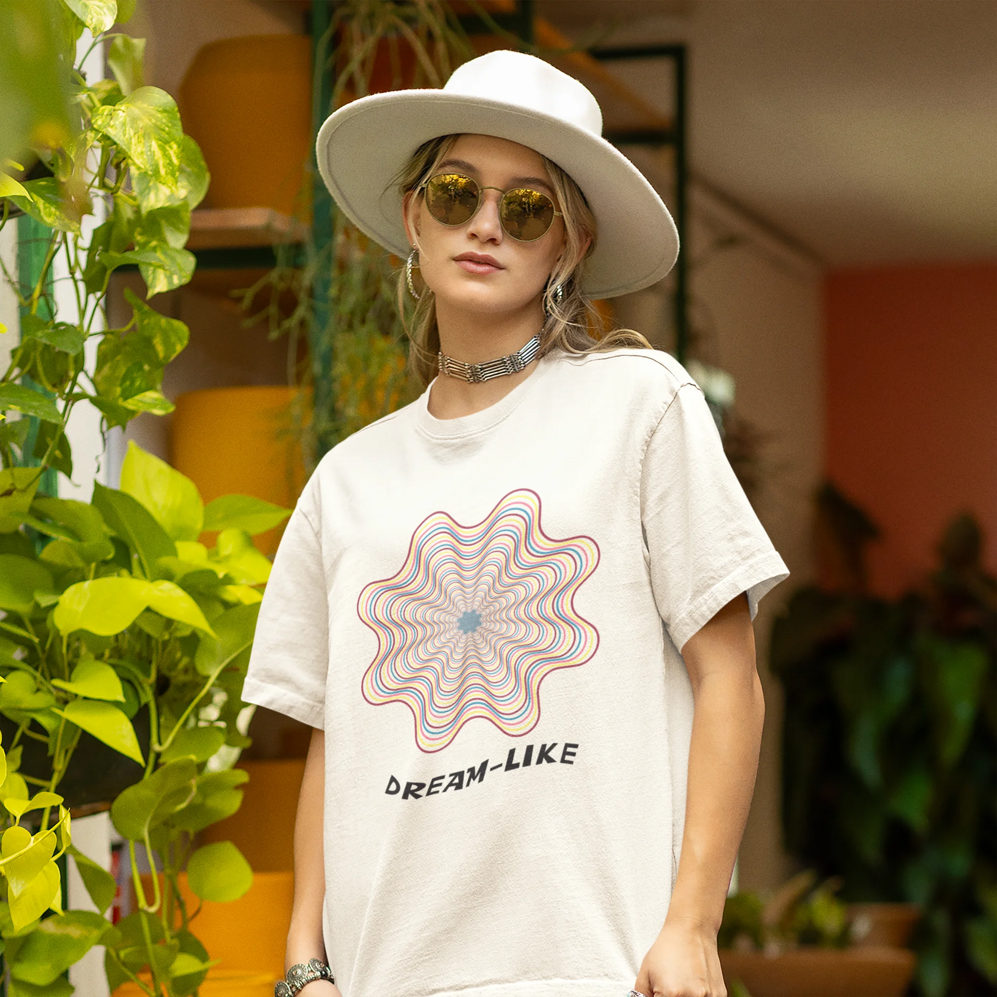 Front view of a female model wearing an off-white Oversized t-shirt with a dreamlike spiderweb design made of frequencies, offering a visually captivating and relaxing aesthetic.