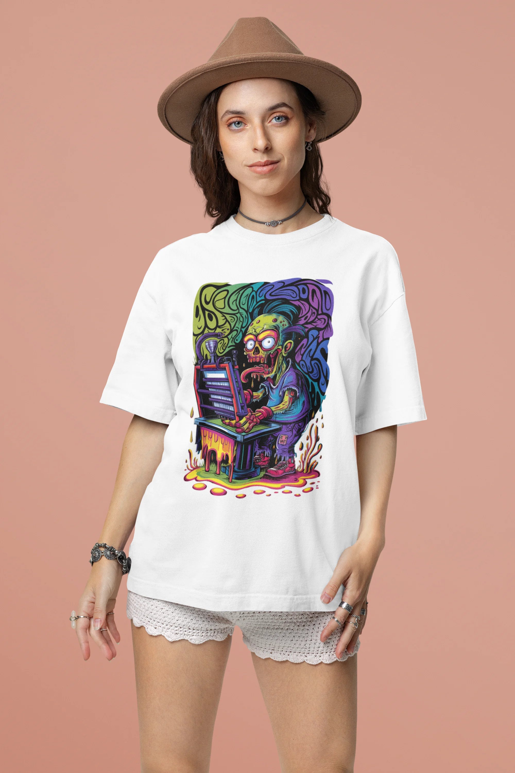 Second front view of a female model wearing an off-white oversized t-shirt featuring a psychedelic melting green zombie design, perfect for a trippy, dark aesthetic.