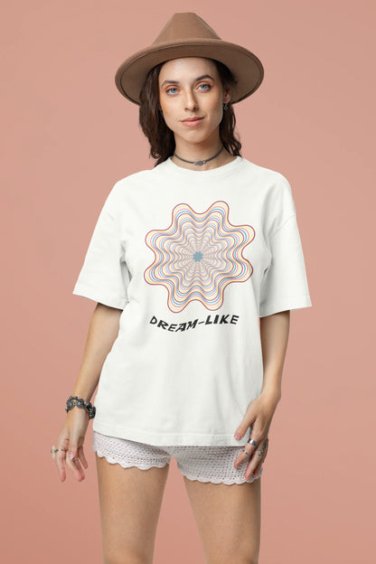 Second front view of a female model wearing an off-white Oversized t-shirt with a dreamlike spiderweb design made of frequencies, offering a visually captivating and relaxing aesthetic.