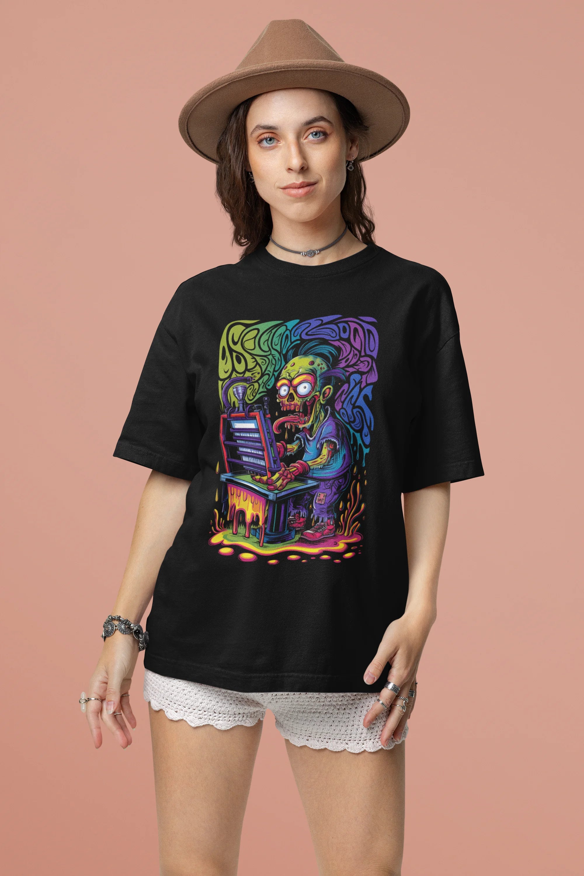 Second front view of a female model wearing an black oversized t-shirt featuring a psychedelic melting green zombie design, perfect for a trippy, dark aesthetic.