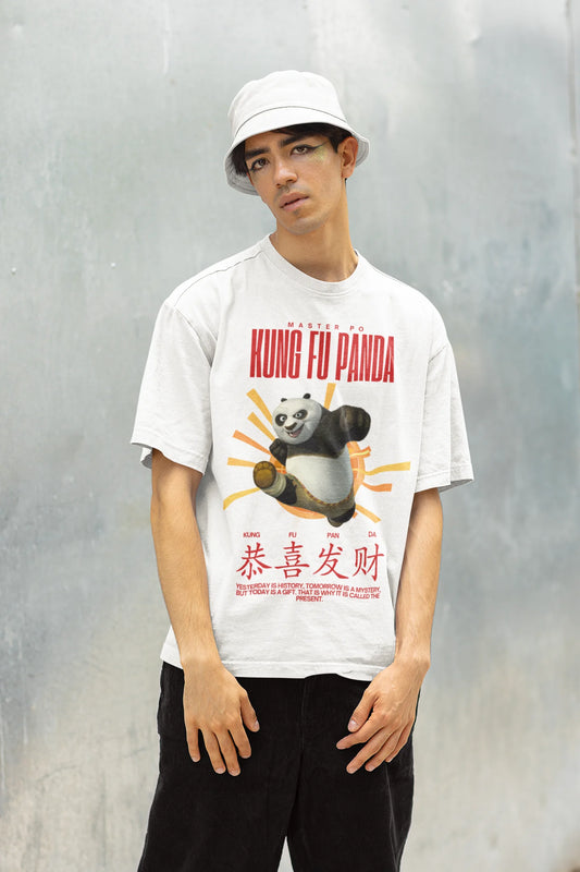 Men front Image of a Kung Fu Panda t-shirt featuring iconic quotes from the beloved movie series.