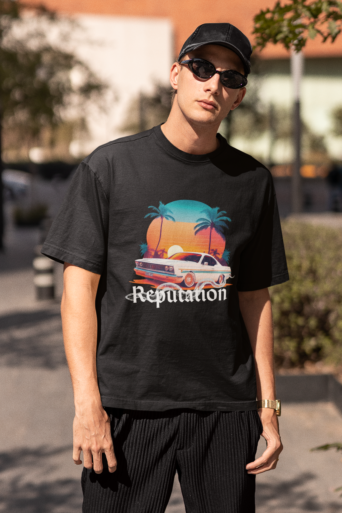 Third Image of man wearing black Oversize t-shirt featuring Reputation Taylor's Version design inspired by Taylor Swift's Reputation era