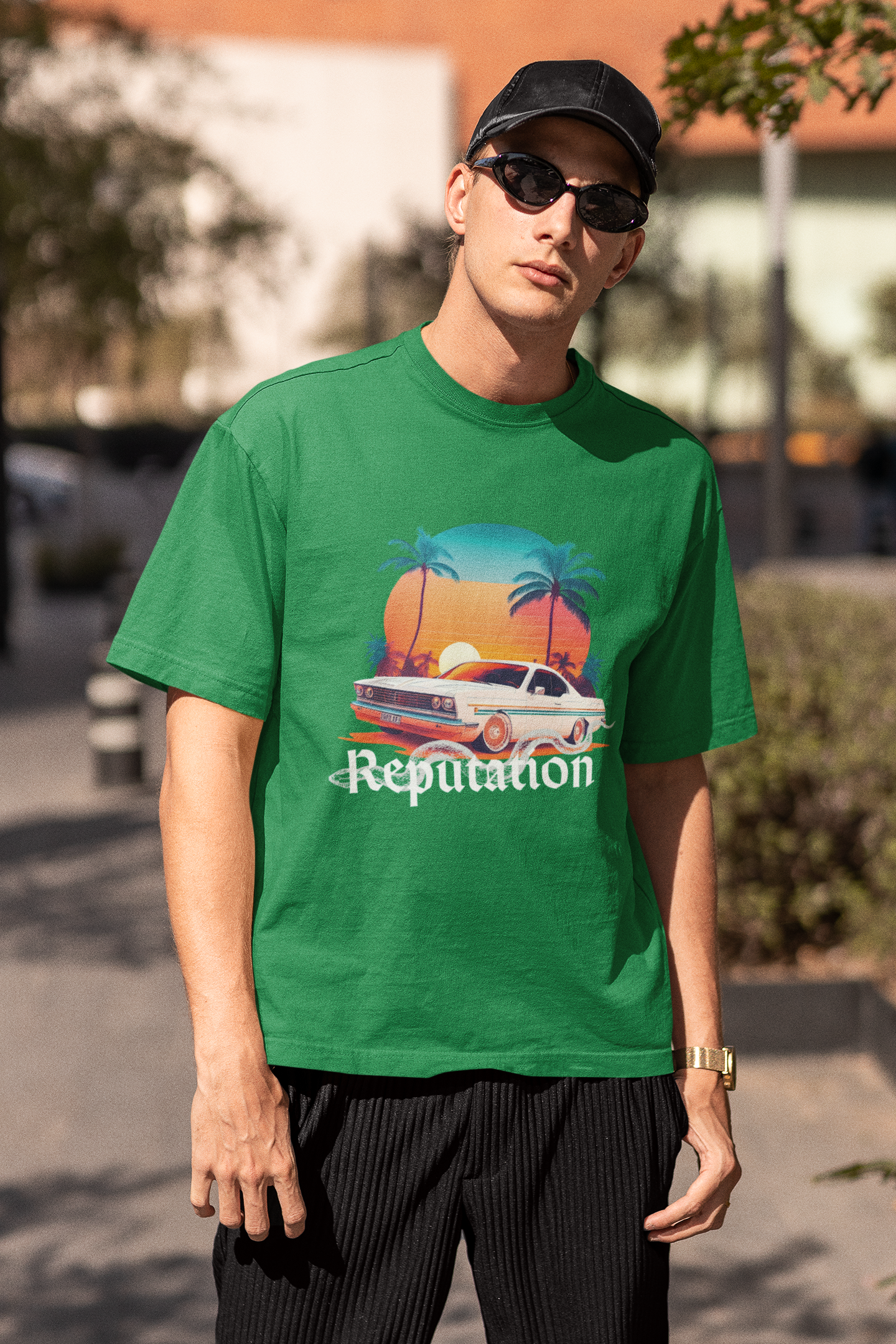 Third image of man wearing green Oversize t-shirt featuring Reputation Taylor's Version design inspired by Taylor Swift's Reputation era