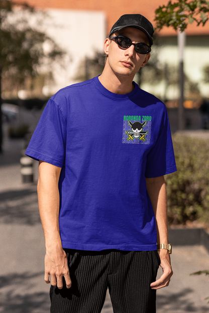 3rd front view of a male model wearing a royal blue oversized t-shirt featuring Roronoa Zoro from the One Piece anime.