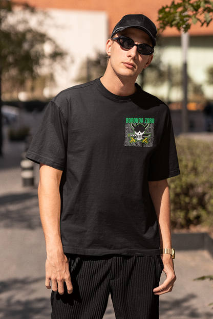 3rd front view of a male model wearing a black oversized t-shirt featuring Roronoa Zoro from the One Piece anime.