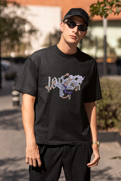 2nd front view of a male model wearing a black oversized t-shirt featuring Luffy in his Gear 5 form from the One Piece anime.
