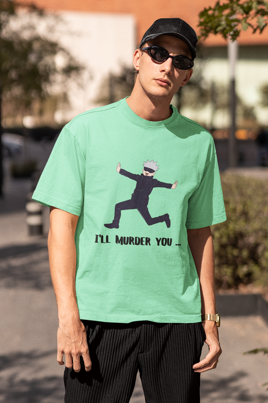 2nd front view of a male model wearing a mint green oversized t-shirt featuring Gojo Satoru in a silly pose with the text "I Will Murder You."