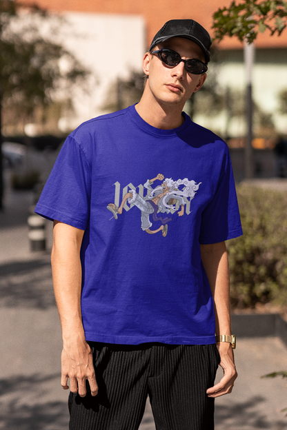 3rd front view of a male model wearing a royal blue oversized t-shirt featuring Luffy in his Gear 5 form from the One Piece anime.