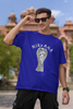 First front image of male model wearing a royal blue oversized t-shirt featuring a design of a winged angel with the text 