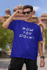 First image of male model wearing blue oversized t-shirt with F.R.I.E.N.D.S series inspired designs, embodying Joey's famous catchphrase 'How You Doin'?