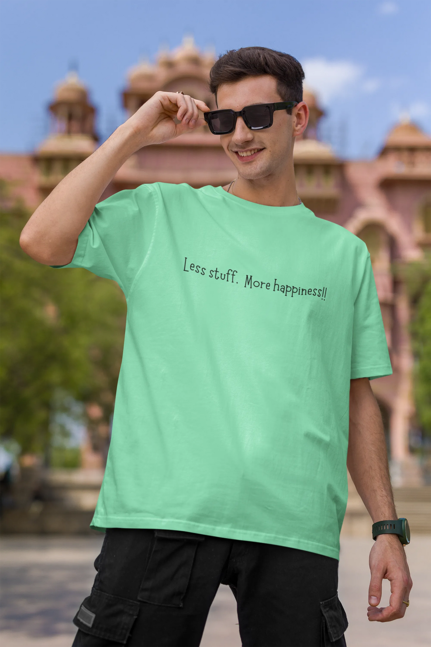 Less stuff more happiness | Minimalist | Dropped Sleeve Unisex Tee