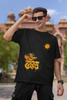 First front view of male model wearing an black oversized t-shirt featuring a design inspired by the Marathi word 