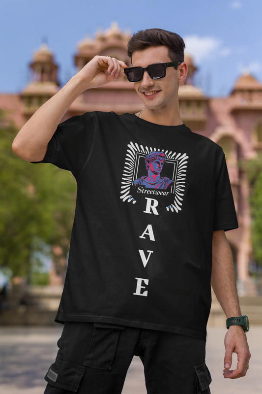 First front view of a male model wearing a black oversized t-shirt with a street-inspired design and "Street Rave" text, ideal for rave and urban wear.